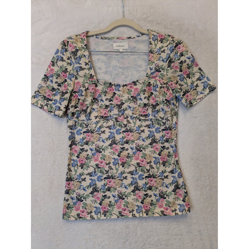 Bohme Women's Size S Floral Print Top Square Neck Short Sleeve‎